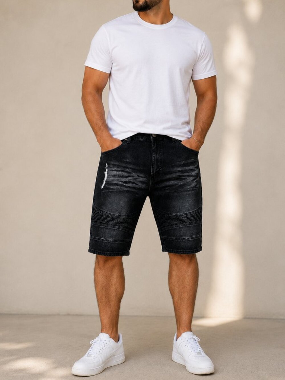 Phat Farm Black Moto Denim Shorts Size 44 Stretch NWT